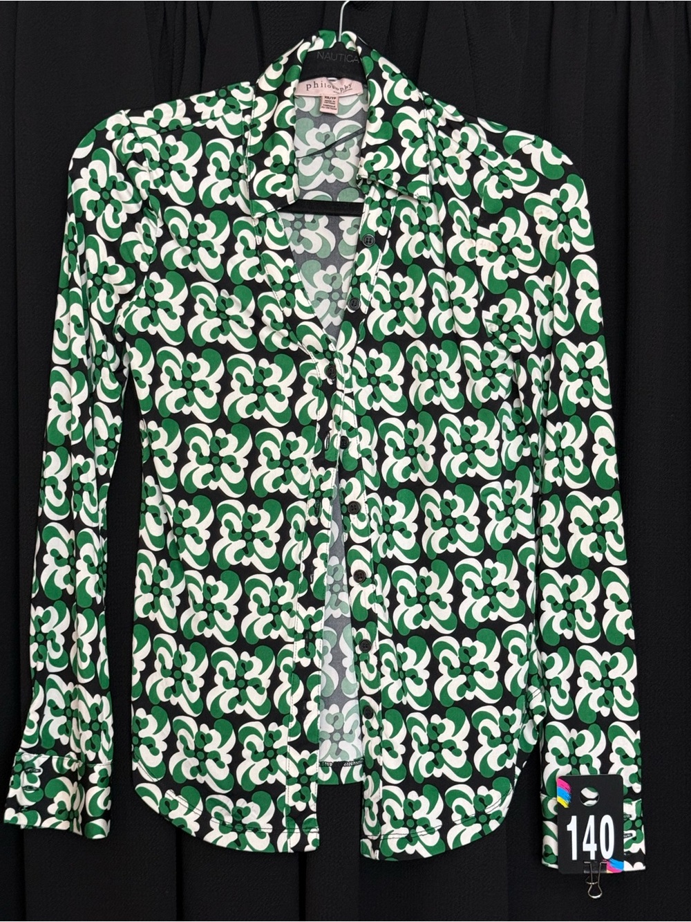 Philosophy Green, White & Black Floral-Print Button-Up Blouse